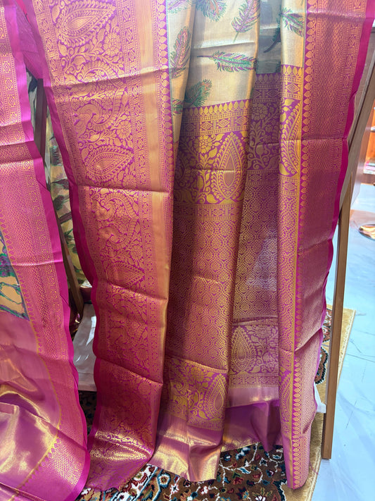 Kanjivaram Zari Saree – Golden & Pink
