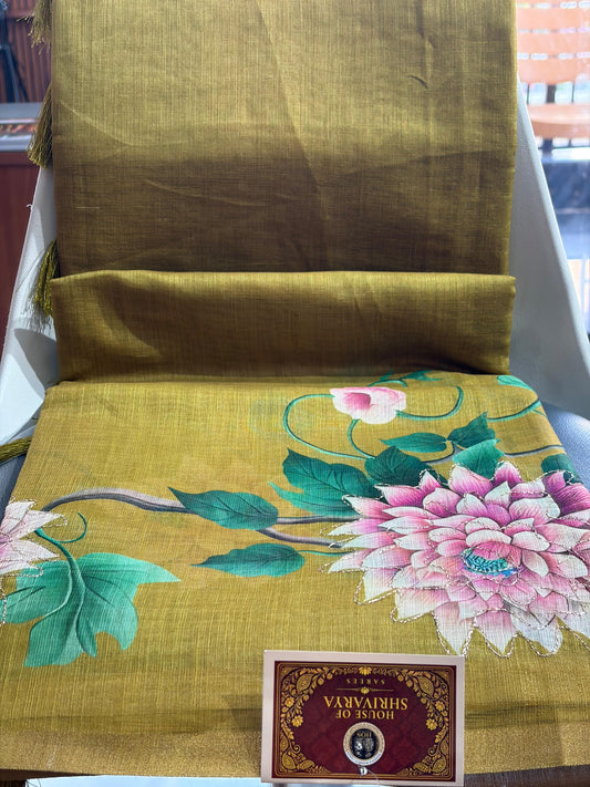 Linen Aari Work Saree – Mehandi Green