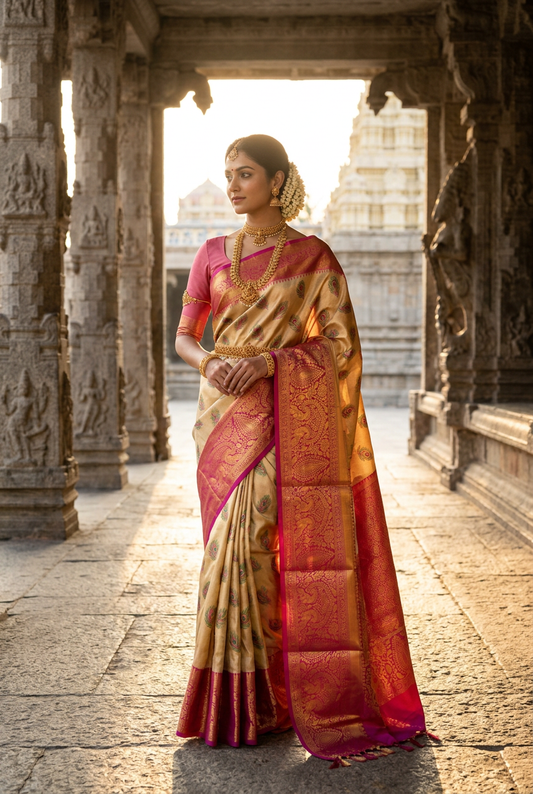 Golden and pink Kanjivaram saree model in a South Indian temple