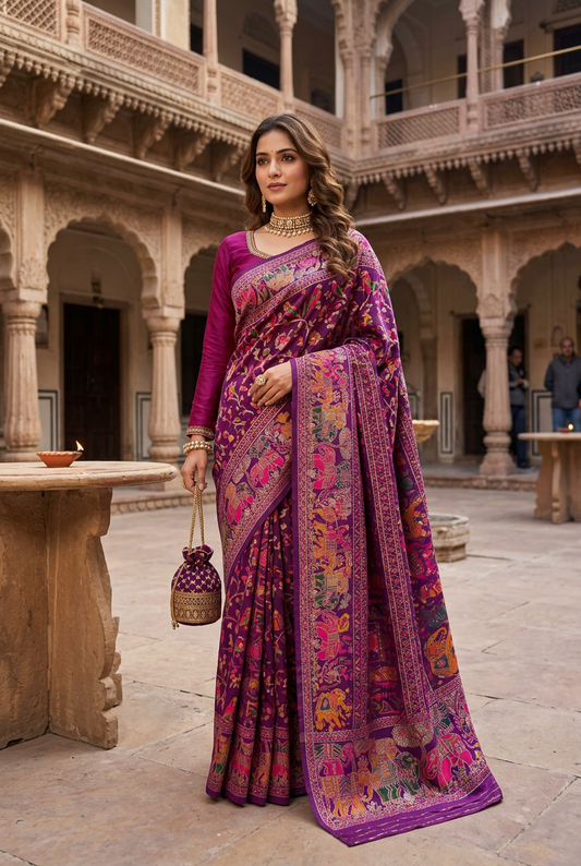 Violet Pashmina-style saree model in a graceful winter look
