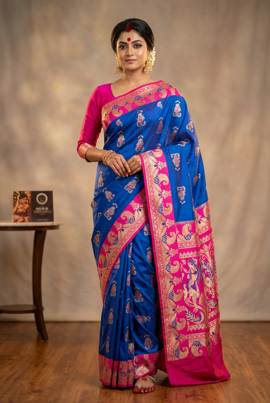 Baluchari silk saree model in classic Bengali festive look