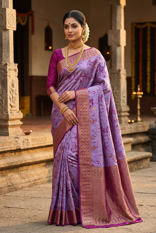 Kanjivaram purple and magenta saree model in classic temple jewellery look