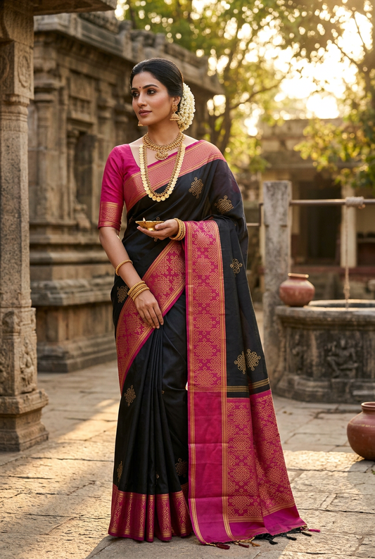 Kanjivaram saree model in classic temple jewellery look