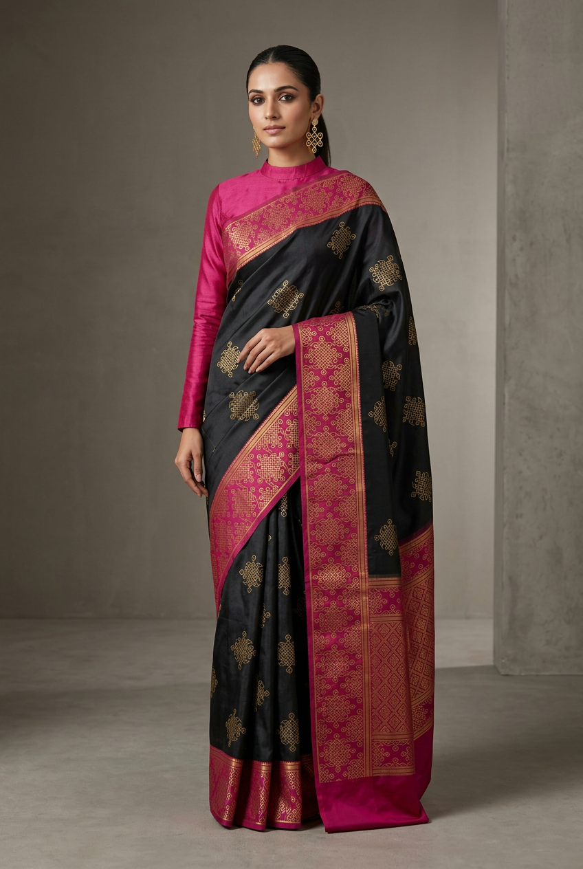 Kanjivaram saree model in modern high-neck blouse look