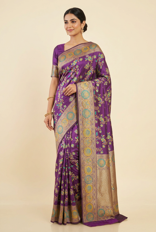 Model wearing a violet floral silk saree