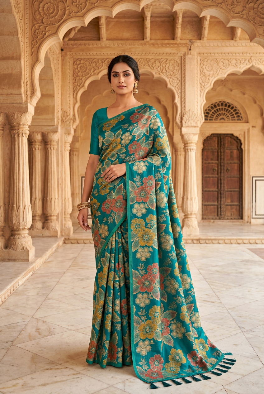 Model wearing the Firozi floral saree in a royal palace courtyard