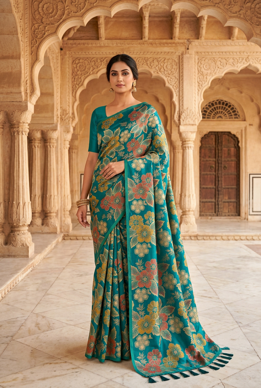 Model wearing the Firozi floral saree in a royal palace courtyard