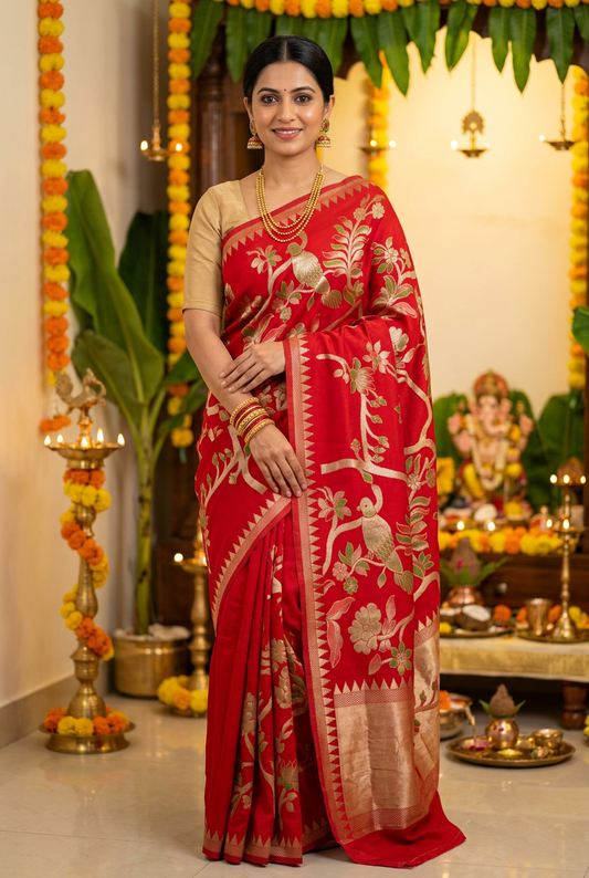 Red crepe khadi silk saree model in a puja ceremony setting