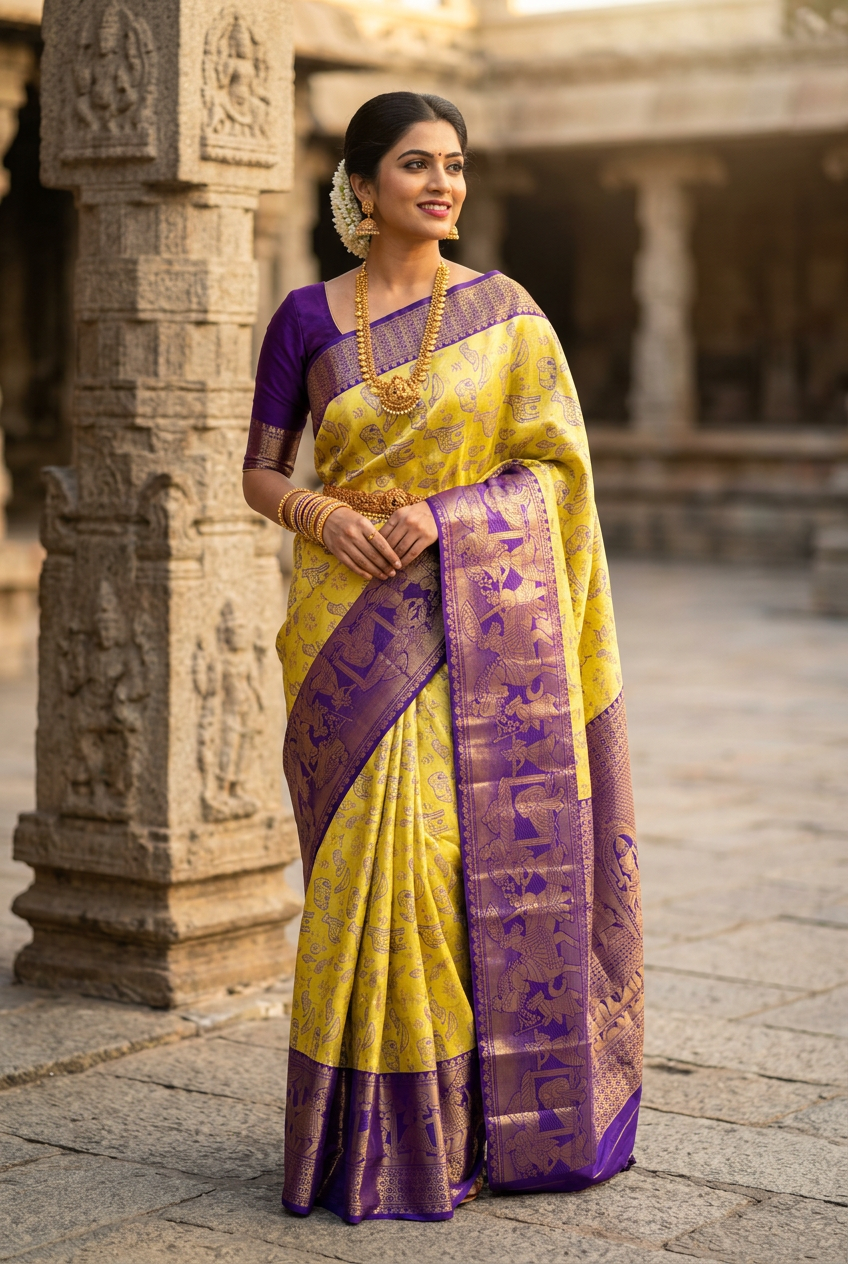 Yellow and purple Kanjivaram saree model in classic temple jewellery look