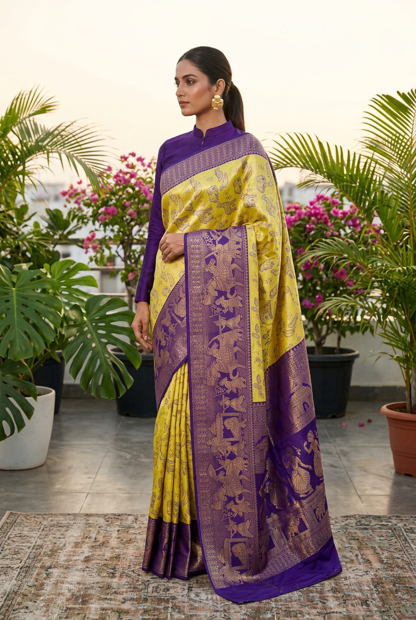 Yellow and purple Kanjivaram saree model in modern high-neck blouse look